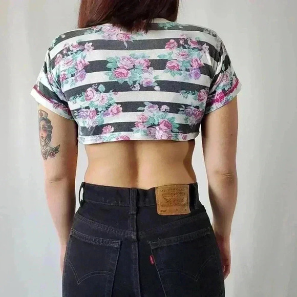 Custom Rare Vtg 80's Baby Mini Cropped Striped Floral Tee - Picture 6 of 10